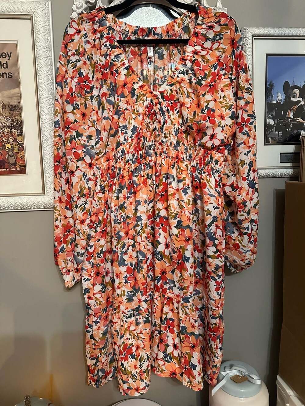 Dokotoo Long Sleeve Floral V-Neck Smocked Elastic Waist A-Line Swing Mini Dress
